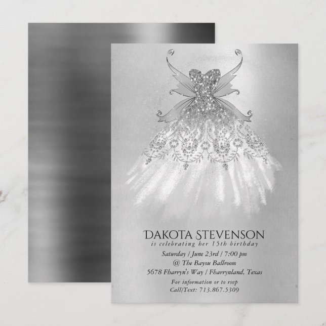 Fairy Wing Silver Gown | Platinum Faux Sheen Invitation (Front/Back)