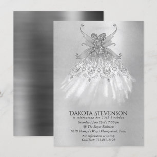 Fairy Wing Silver Gown   Platinum Faux Sheen Invitation