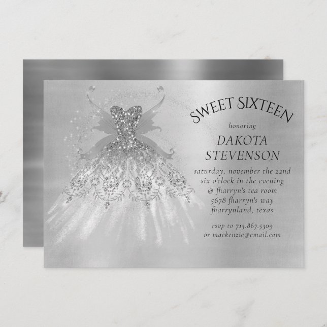 Fairy Wing Silver Gown | Platinum Foil Faux Sheen Invitation (Front/Back)