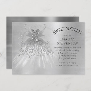 Fairy Wing Silver Gown   Platinum Foil Faux Sheen Invitation