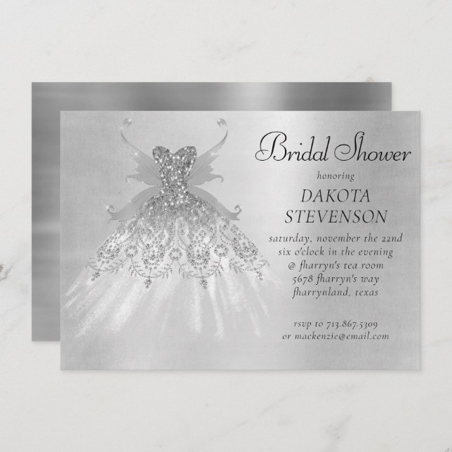 Fairy Wing Silver Gown | Platinum Foil Faux Sheen Invitation (Front/Back)