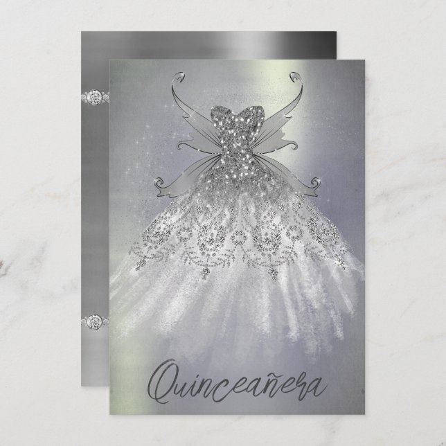 Fairy Wing Silver Gown | Platinum Foil Faux Sheen Invitation (Front/Back)