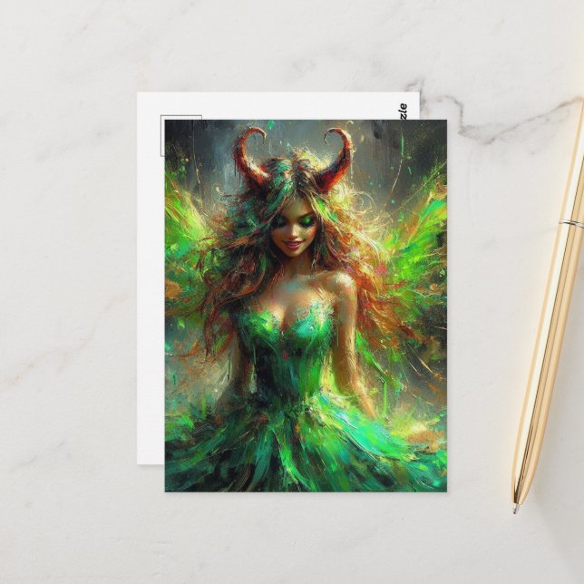 Fairy With Horns in a Green Dress  Postcard (Front/Back In Situ)
