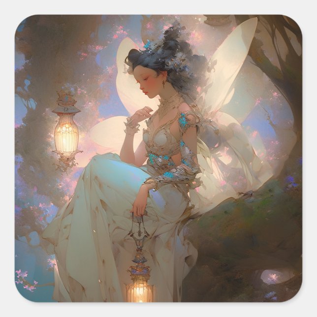 Fairy With Lantern Square Sticker (Front)