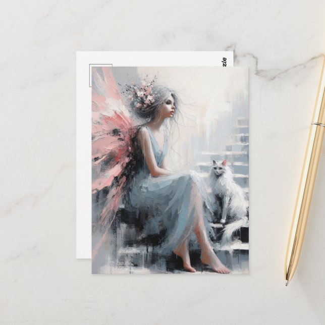 Fairy With White Cat on the Stairs Postcard (Front/Back In Situ)