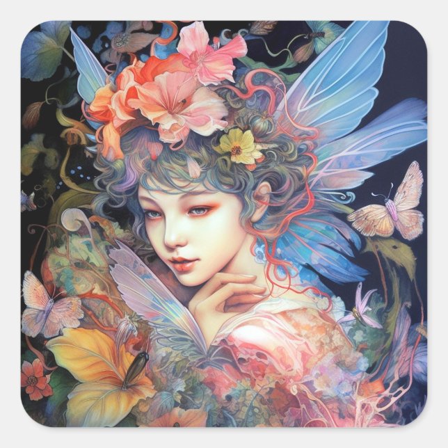 Fairy Woman In Flowers Fantasy Art Square Sticker (Front)