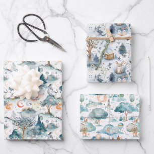 Fairy Woodland Animals Blue Wrapping Paper Sheet
