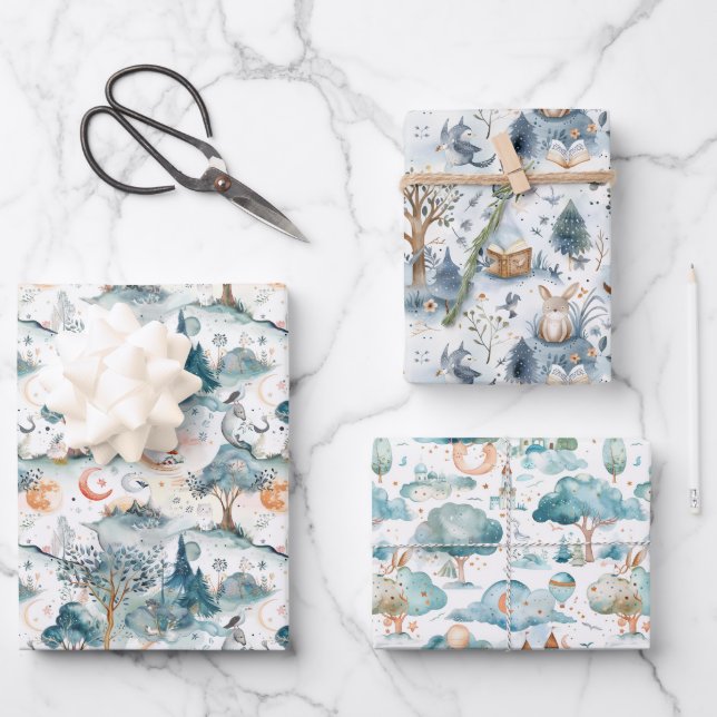 Fairy Woodland Animals Blue Wrapping Paper Sheet (Front)