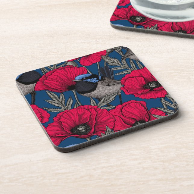 Fairy wren and poppies coaster (Left Side)