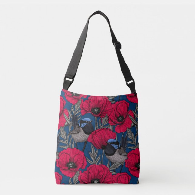 Fairy wren and poppies crossbody bag (Front)