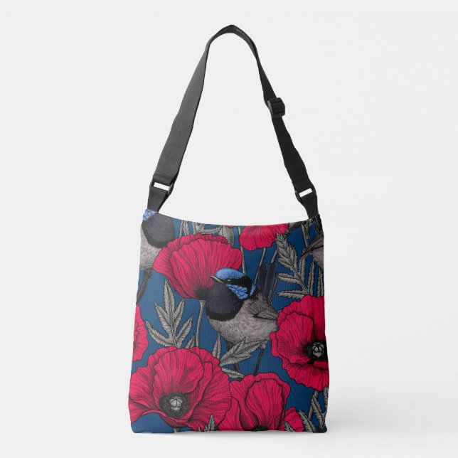 Fairy wren and poppies crossbody bag (Front)