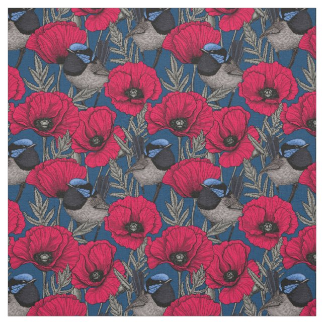 Fairy wren and poppies fabric (Swatch)