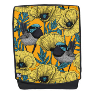 Fairy wren and poppies in yellow backpack