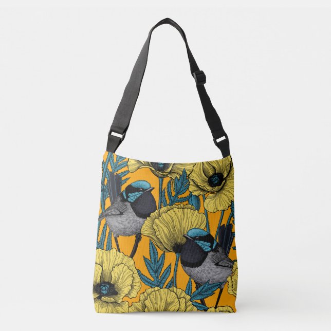 Fairy wren and poppies in yellow crossbody bag (Front)