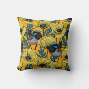 Fairy wren and poppies in yellow cushion