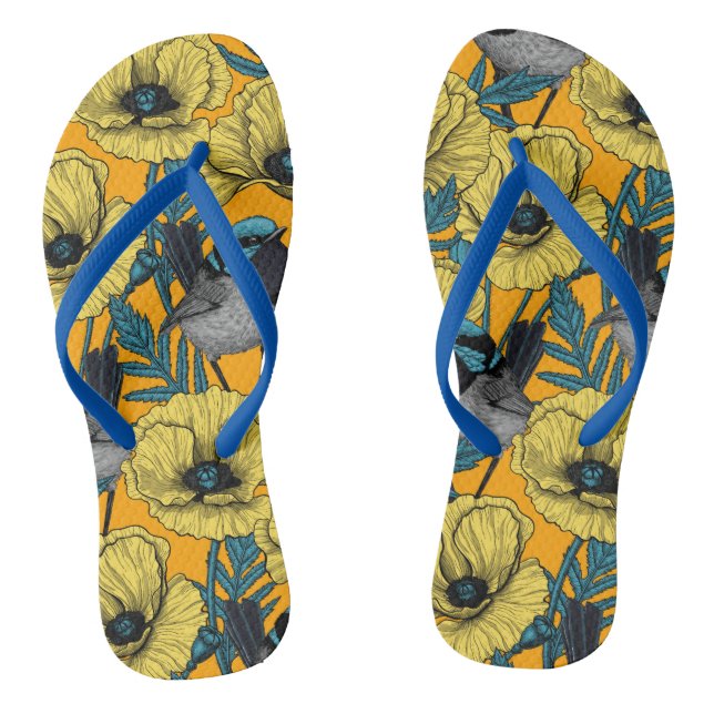 Fairy wren and poppies in yellow flip flops (Footbed)