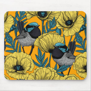 Fairy wren and poppies in yellow mouse mat