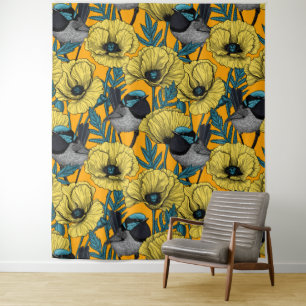 Fairy wren and poppies in yellow tapestry