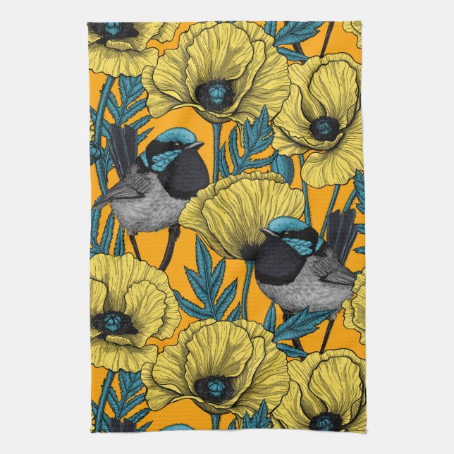 Fairy wren and poppies in yellow tea towel (Vertical)