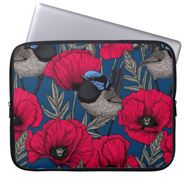 Fairy wren and poppies laptop sleeve (Front)