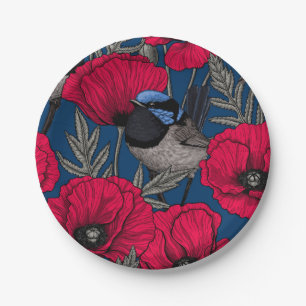 Fairy wren and poppies paper plate