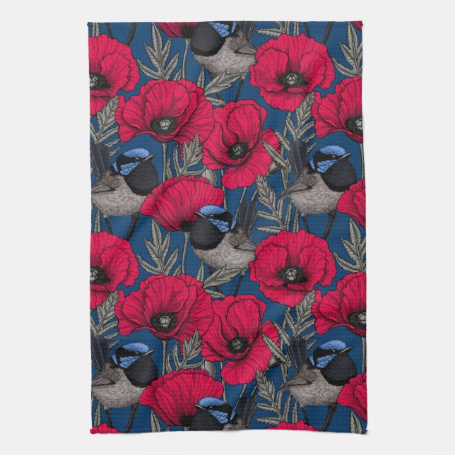 Fairy wren and poppies tea towel (Vertical)