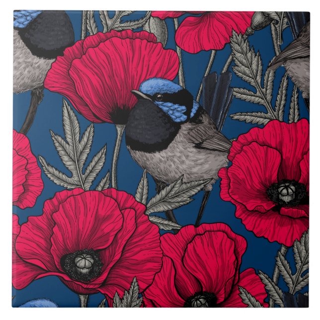 Fairy wren and poppies tile (Front)