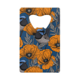 Fairy wrens and orange poppy flowers