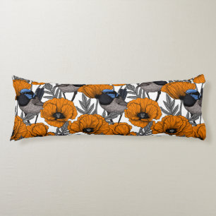 Fairy wrens and orange poppy flowers 2 body cushion