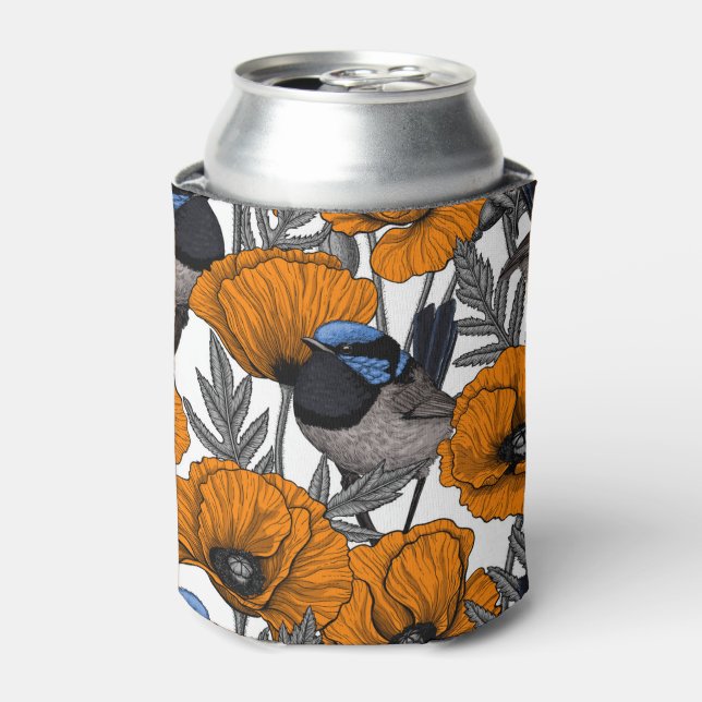 Fairy wrens and orange poppy flowers 2 can cooler (Can Front)