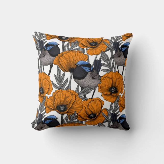 Fairy wrens and orange poppy flowers 2 cushion (Front)