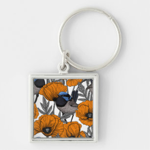 Fairy wrens and orange poppy flowers 2 key ring