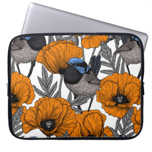 Fairy wrens and orange poppy flowers 2 laptop sleeve