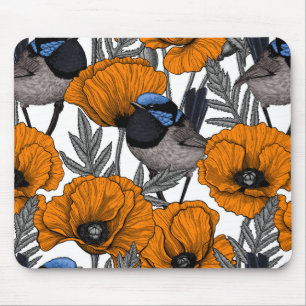Fairy wrens and orange poppy flowers 2 mouse mat