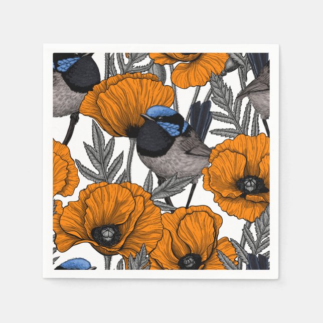 Fairy wrens and orange poppy flowers 2 napkin (Front)