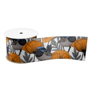 Fairy wrens and orange poppy flowers 2 satin ribbon