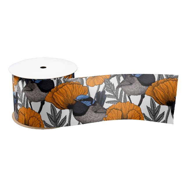 Fairy wrens and orange poppy flowers 2 satin ribbon (Spool)