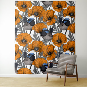 Fairy wrens and orange poppy flowers 2 tapestry