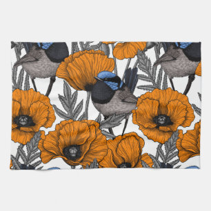 Fairy wrens and orange poppy flowers 2 tea towel