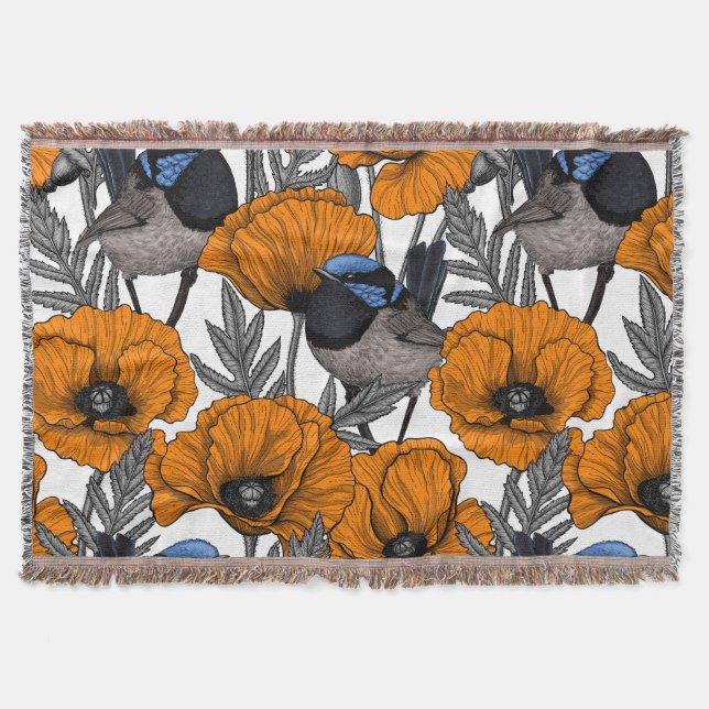 Fairy wrens and orange poppy flowers 2 throw blanket (Front)
