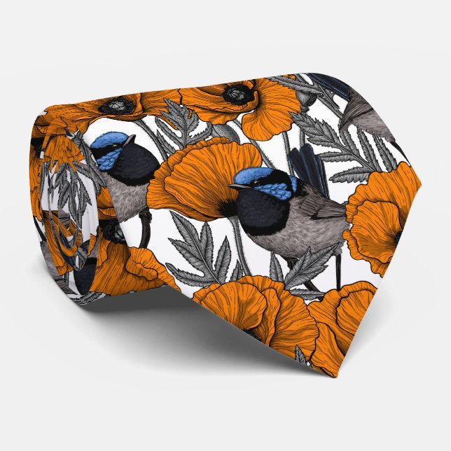 Fairy wrens and orange poppy flowers 2 tie (Rolled)