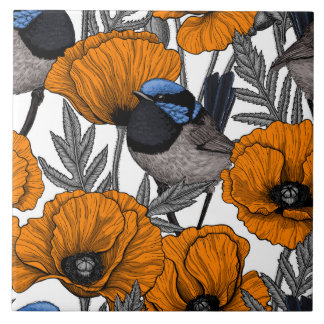 Fairy wrens and orange poppy flowers 2 tile