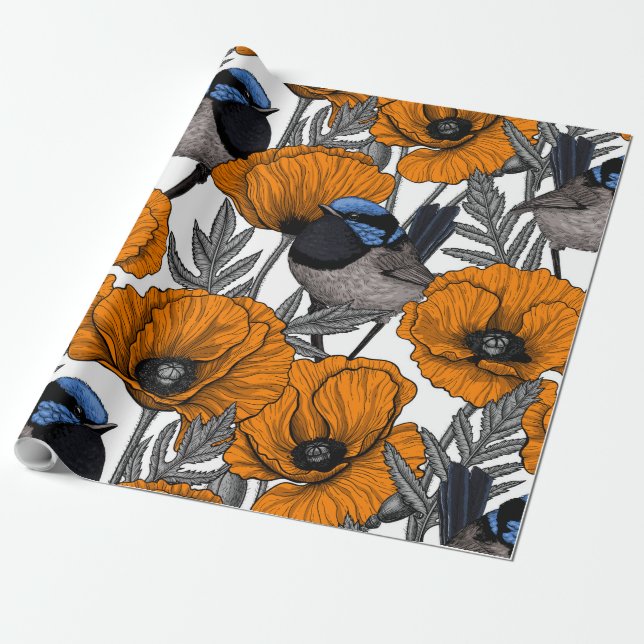 Fairy wrens and orange poppy flowers 2 wrapping paper (Unrolled)