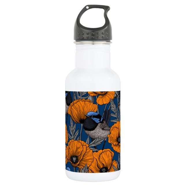 Fairy wrens and orange poppy flowers 532 ml water bottle (Front)