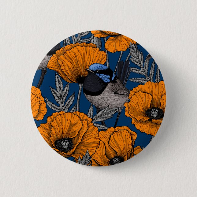 Fairy wrens and orange poppy flowers 6 cm round badge (Front)