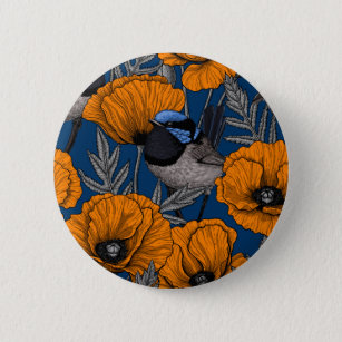 Fairy wrens and orange poppy flowers 6 cm round badge