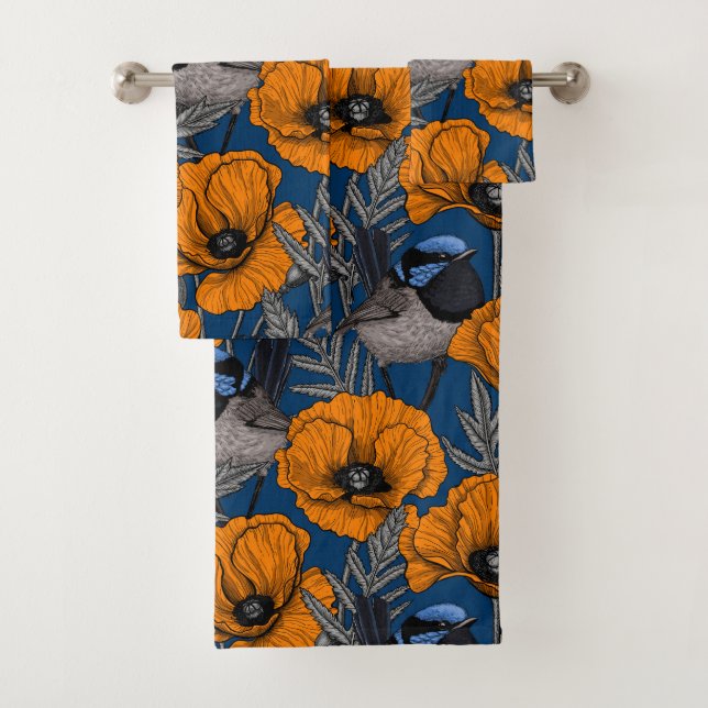 Fairy wrens and orange poppy flowers bath towel set (Insitu)