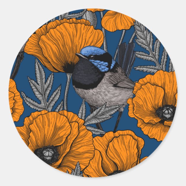 Fairy wrens and orange poppy flowers classic round sticker (Front)