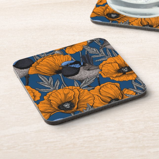 Fairy wrens and orange poppy flowers coaster (Left Side)
