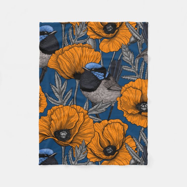 Fairy wrens and orange poppy flowers fleece blanket (Front)